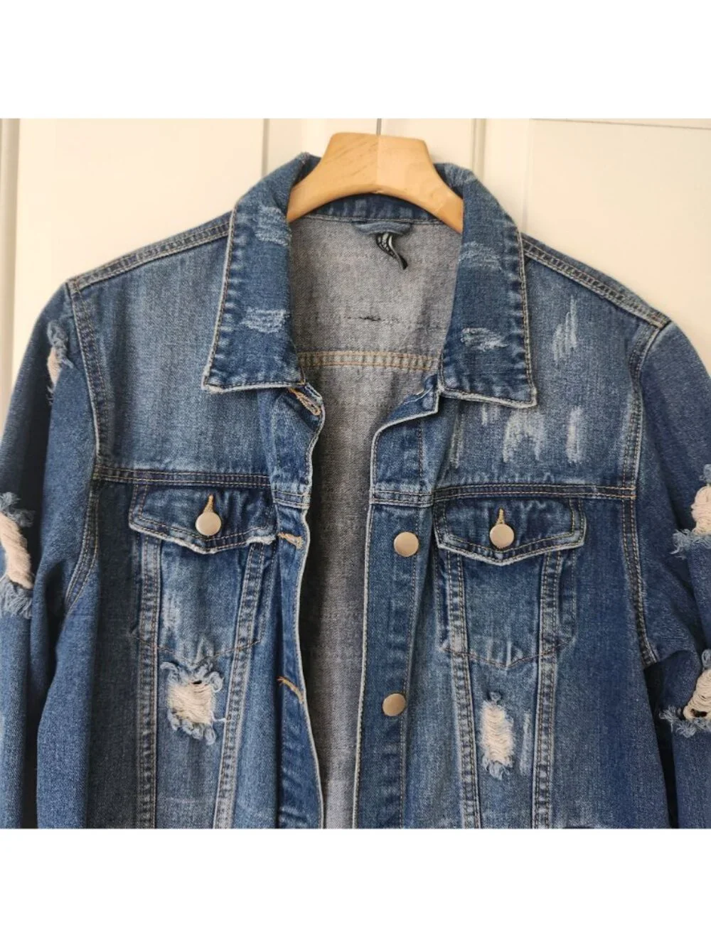 Distressed Denim Jacket Paris New York London Milano Oversized Glam Supermodel - Picture 7 of 13